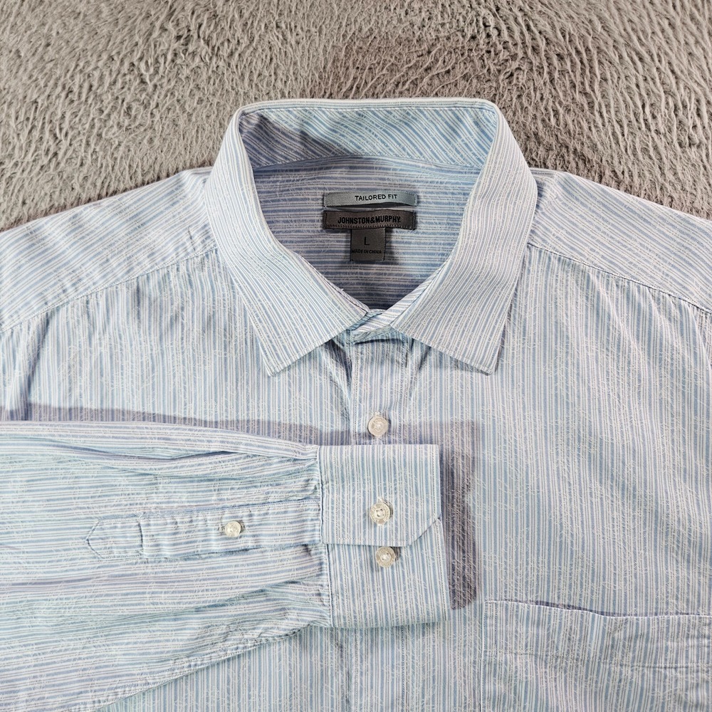 Johnston & Murphy Shirt Men Large Button Up Long Sleeve White Blue Striped